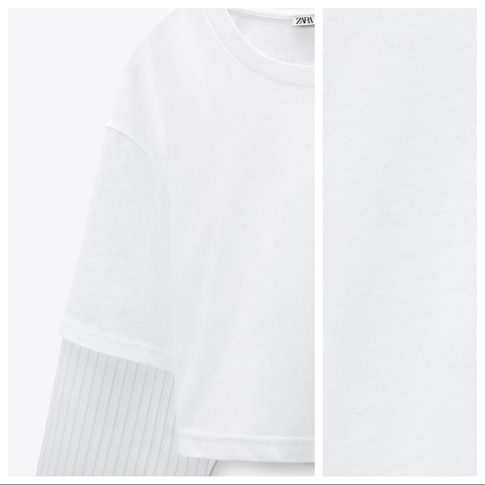 NWT. Zara White Contrast Striped Cropped T-Shirt. Size L. - Picture 3 of 9